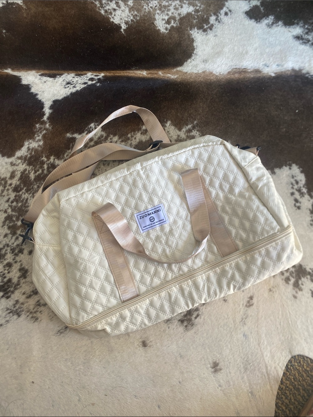 Cream Quilted Travel Duffel with Dual Carry Straps
